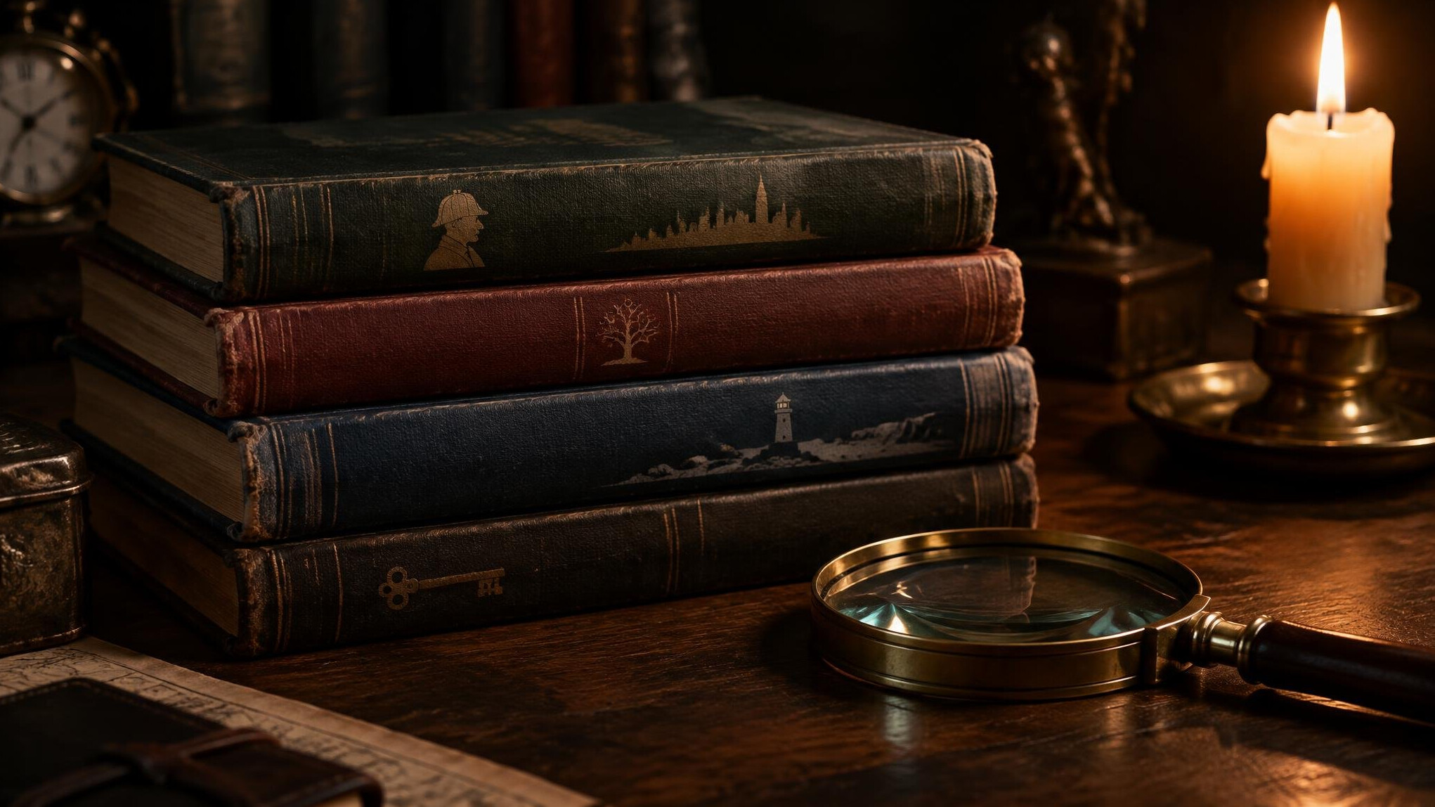 Stack of hardcover mystery novels on a wooden table with a magnifying glass