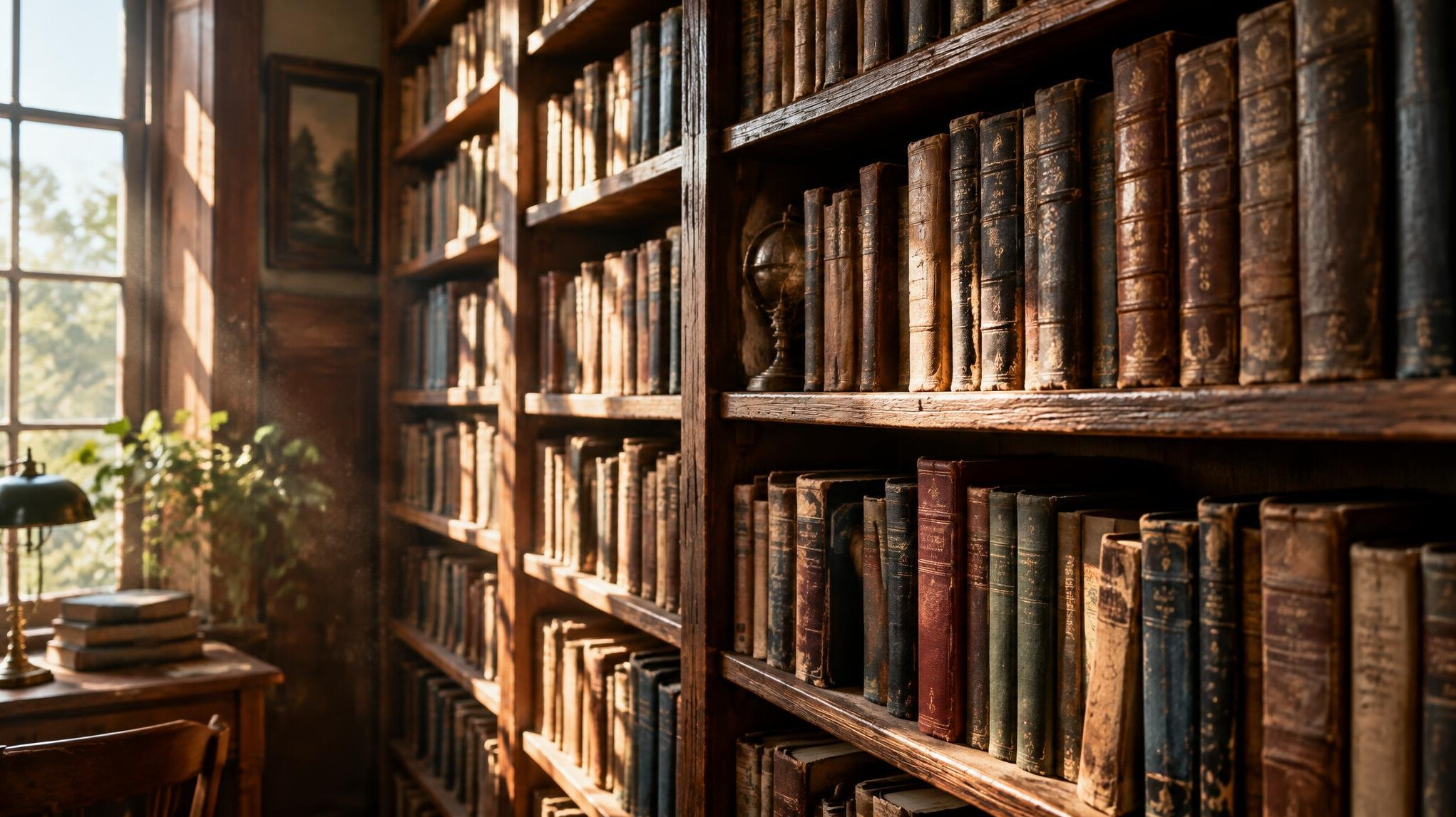 Old wooden library shelves filled with worn books