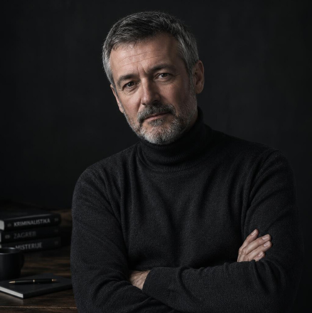 Portrait of a Croatian mystery novelist in his fifties wearing a dark sweater