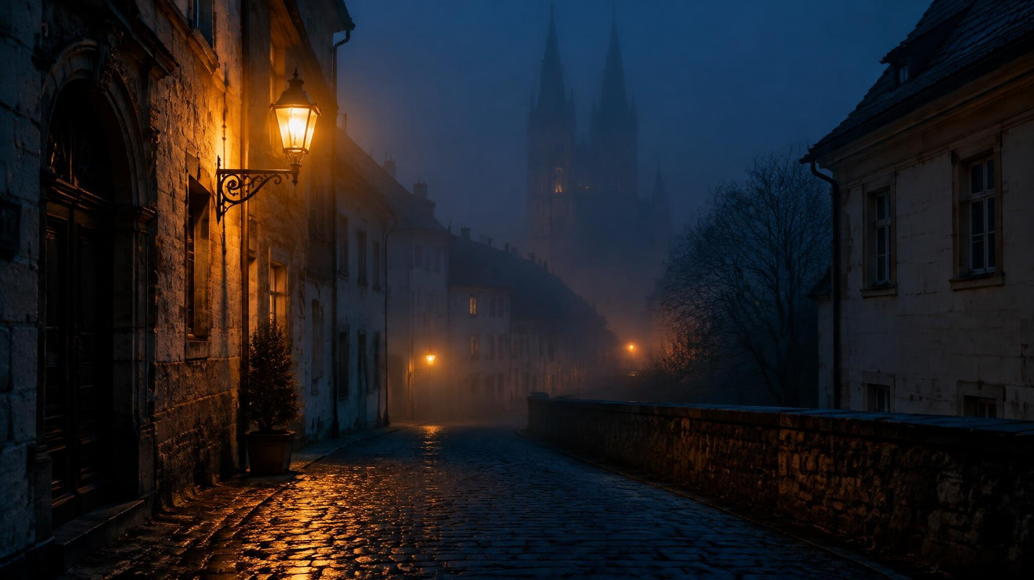 Foggy cobblestone street in an old European town at night with a single streetlamp