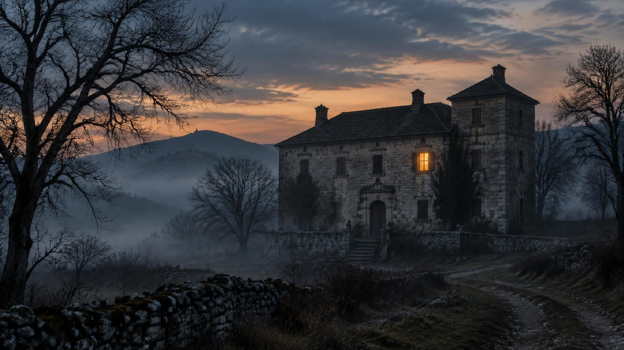 Old stone mansion surrounded by mist at dusk