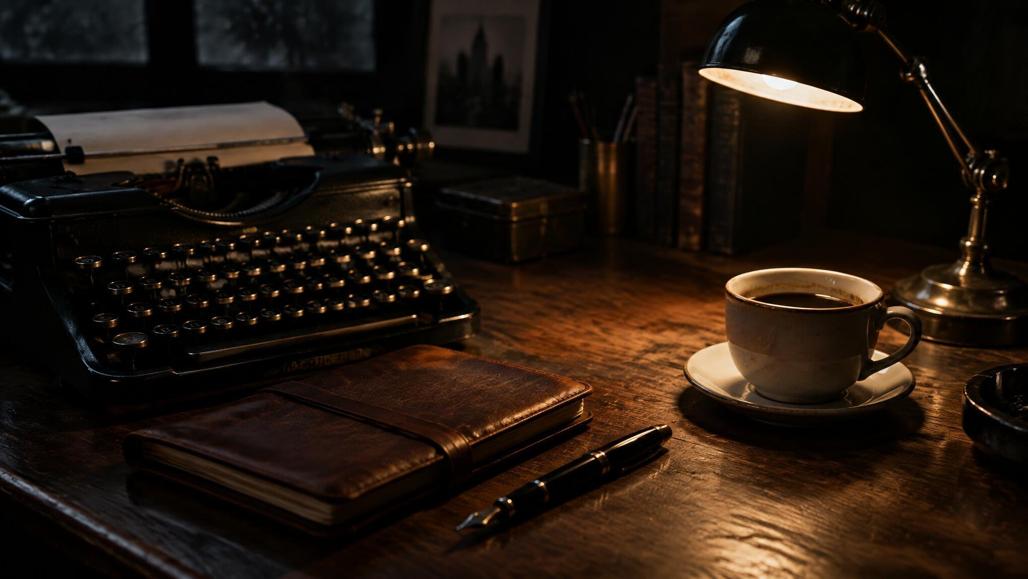 Vintage wooden writing desk with typewriter, notebook and coffee cup